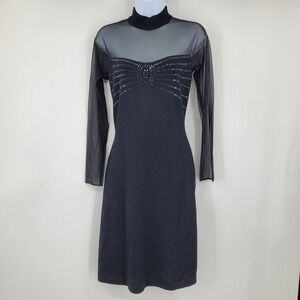St John Evening‎ Marie Gray Black Knit Mesh Rhinestone Dress Size 4 Vintage LBD
